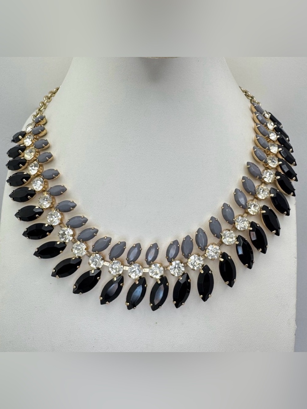 Premier Designs Crystal Statement Necklace Gold Tone Black Gray Bib